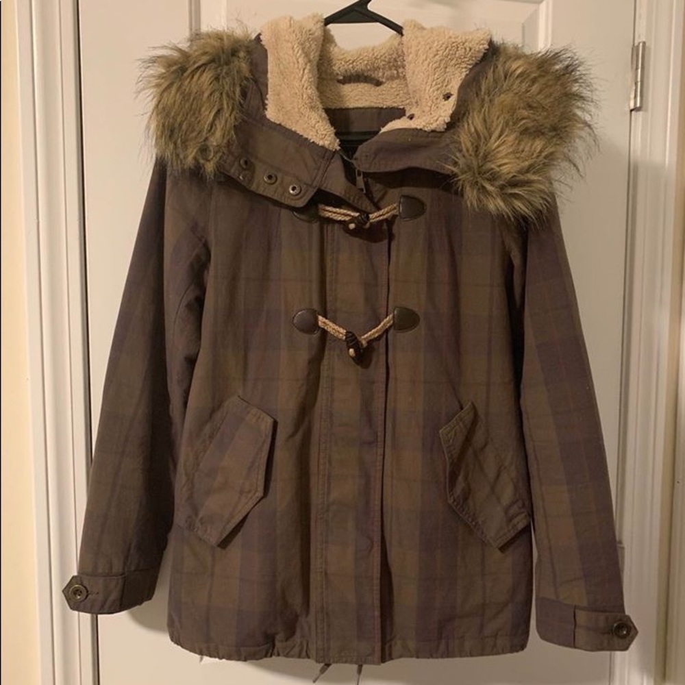 plaid coat with detachable faux fur hood
